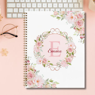 Monogram Watercolor Pink Rose Flowers Sketchbook Notebook