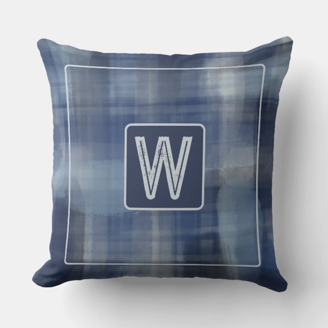 Monogram watercolor plaid blue navy grey tartan  cushion (Front)