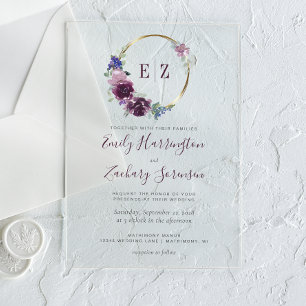 Monogram Watercolor Purple Floral Wreath Wedding Acrylic Invitations