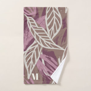 Monogram Watercolor Purple White Leaf Pickleball Hand Towel