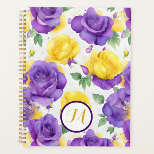 Monogram Watercolor Purple Yellow Rose  Planner