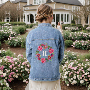 Monogram Watercolor Red & Pink Flowers Wreath Denim Jacket