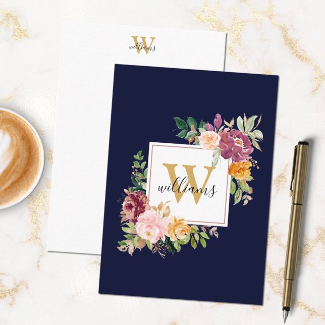 Monogram Watercolor Roses Gold Flower Floral Card (In situ)
