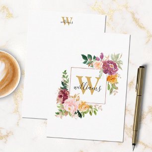Monogram Watercolor Roses Gold Flower Floral Card