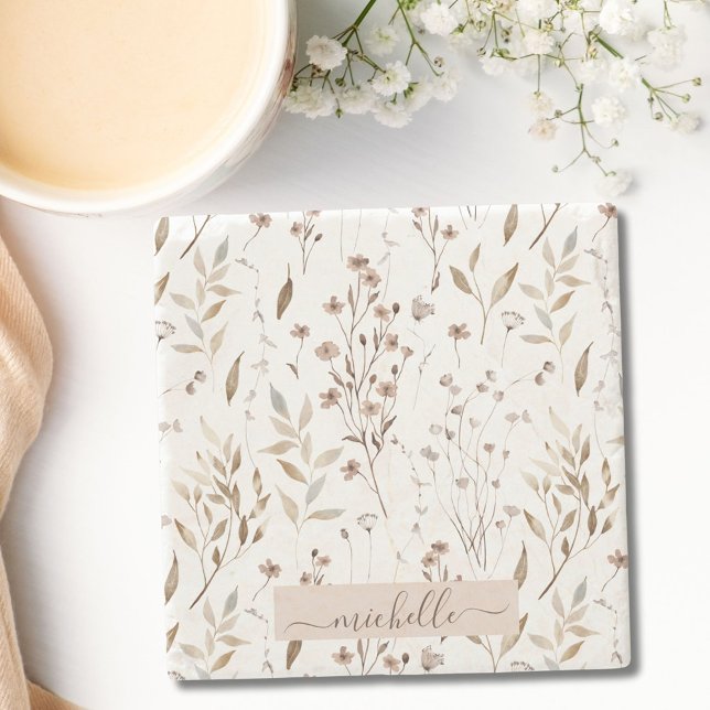 Monogram Watercolor Rustic Brown Floral Botanical Stone Coaster (In situ)