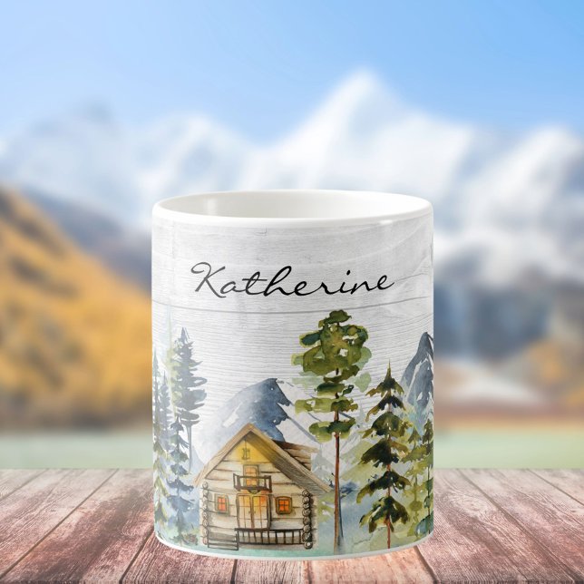 Monogram Watercolor Rustic Forest Mountain Cabin Coffee Mug (In situ)