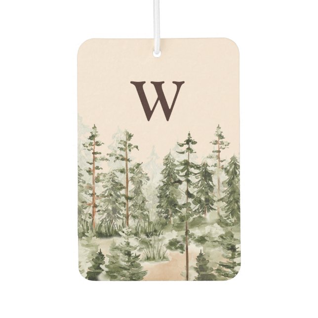 Monogram Watercolor Rustic Green Forest Car Air Freshener (Front)