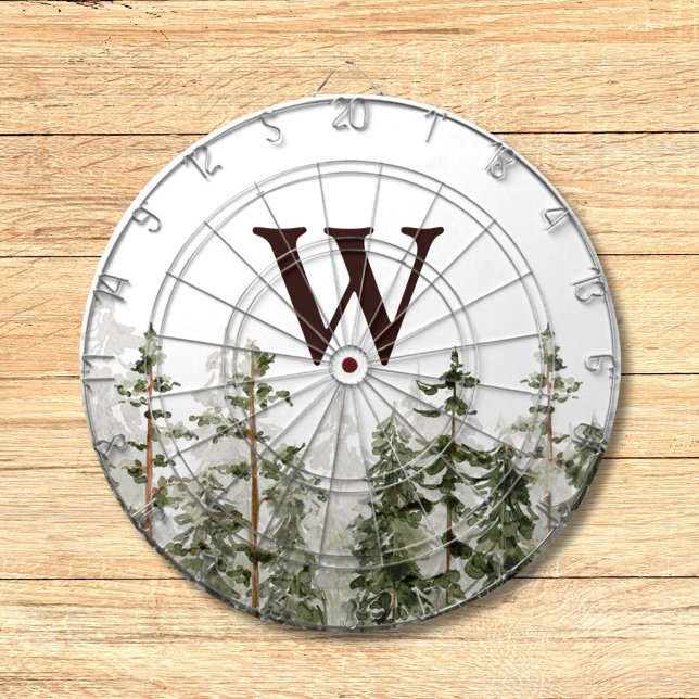 Monogram Watercolor Rustic Green Forest Dartboard (In situ)