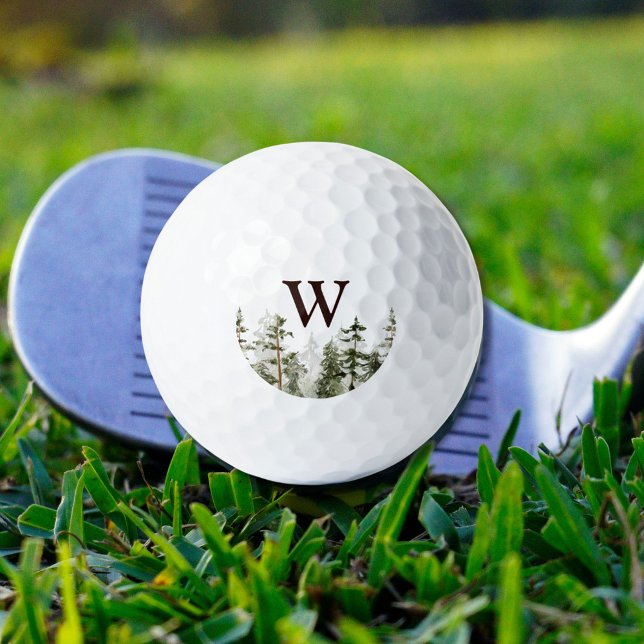 Monogram Watercolor Rustic Green Forest Golf Balls (In situ)