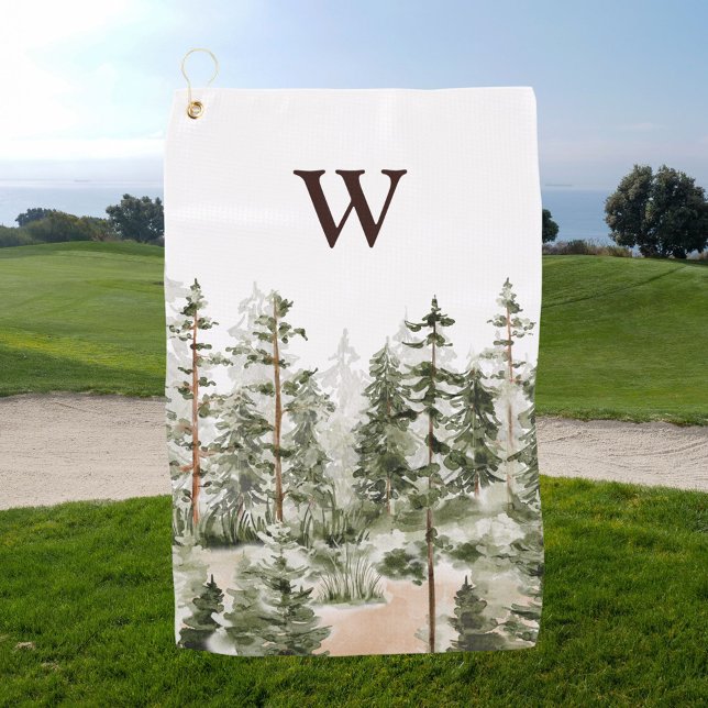 Monogram Watercolor Rustic Green Forest Golf Towel (In situ)
