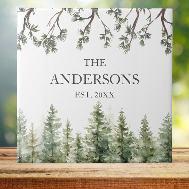 Monogram Watercolor Rustic Pine Trees and Branches Ceramic Tile (In situ)
