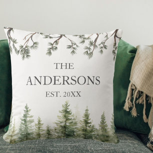 Monogram Watercolor Rustic Pine Trees and Branches Cushion