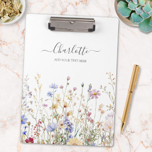 Monogram Watercolor Rustic Pretty Wildflower Field Clipboard