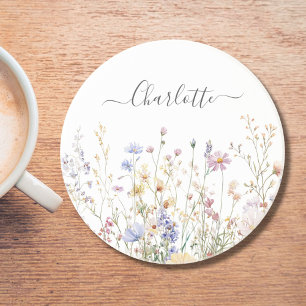Monogram Watercolor Rustic Pretty Wildflower Field Coaster