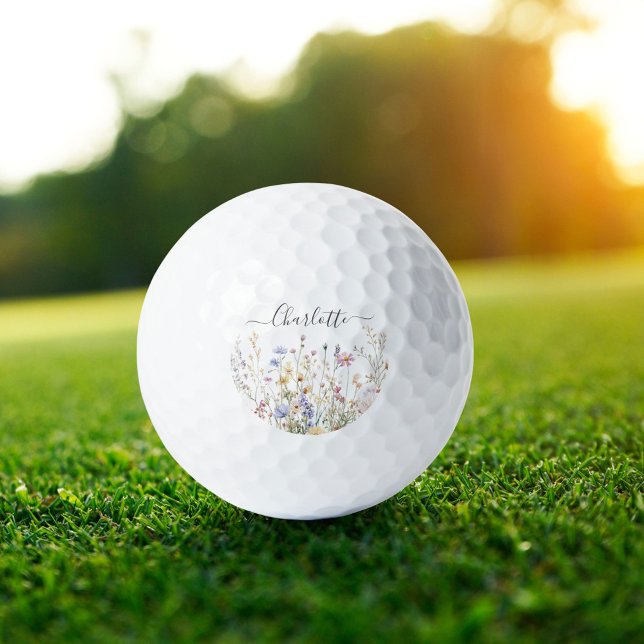 Monogram Watercolor Rustic Pretty Wildflower Field Golf Balls (In situ)