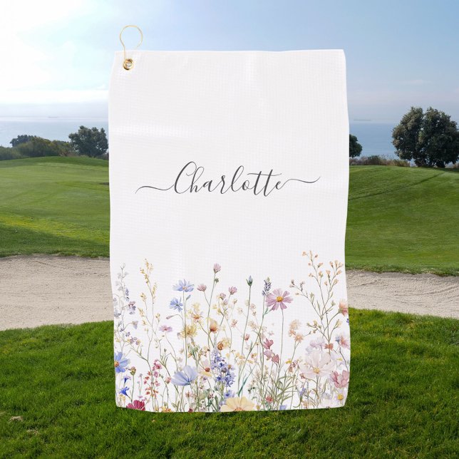 Monogram Watercolor Rustic Pretty Wildflower Field Golf Towel (In situ)