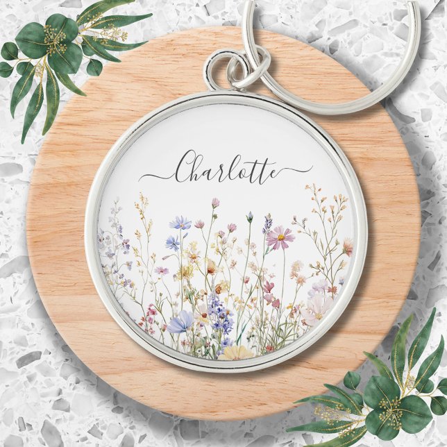 Monogram Watercolor Rustic Pretty Wildflower Field Key Ring (In situ)