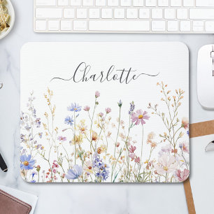 Monogram Watercolor Rustic Pretty Wildflower Field Mouse Pad