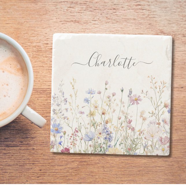 Monogram Watercolor Rustic Pretty Wildflower Field Stone Coaster (In situ)