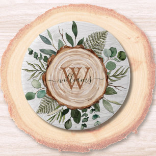 Monogram Watercolor Rustic Wood Slice and Foliage 7.5 Cm Round Badge