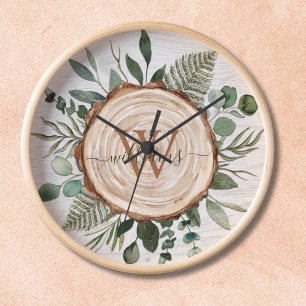 Monogram Watercolor Rustic Wood Slice and Foliage Clock