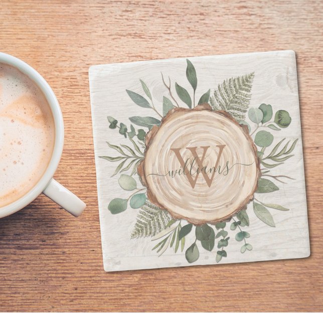 Monogram Watercolor Rustic Wood Slice and Foliage Stone Coaster (In situ)