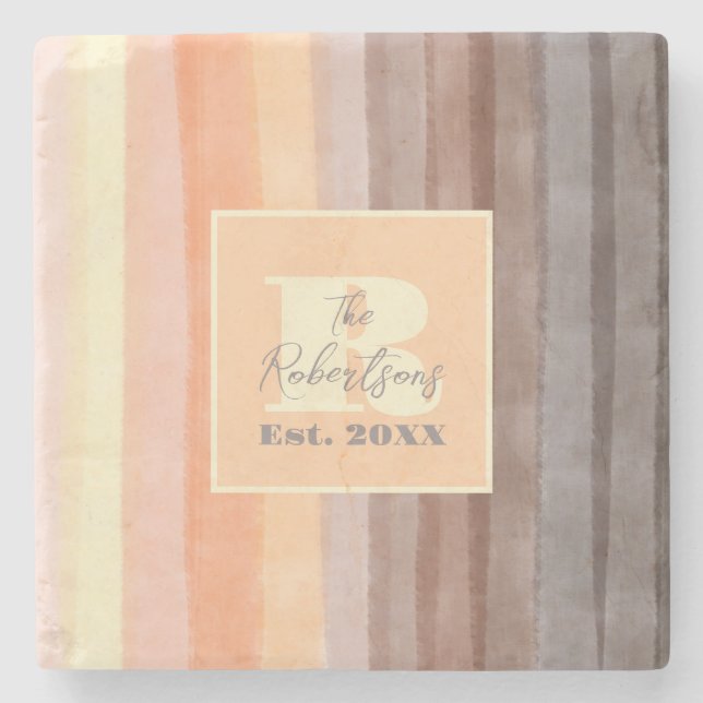 Monogram watercolor stripes brown orange yellow stone coaster (Front)