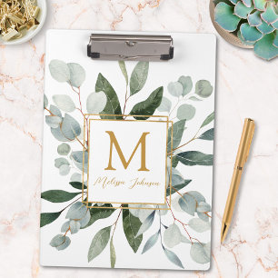 Monogram Watercolor Tropical Eucalyptus White Clipboard