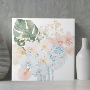 Monogram Watercolor Tropical Flower Bouquet Floral Ceramic Tile