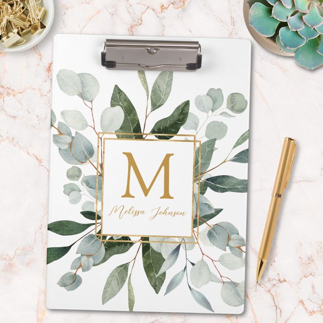 Monogram Watercolor Tropical Green Eucalyptus Clipboard (In situ)