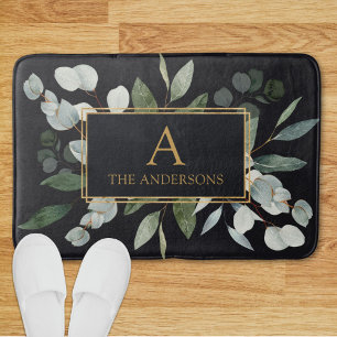 Monogram Watercolor Tropical Green Leaves Bath Mat