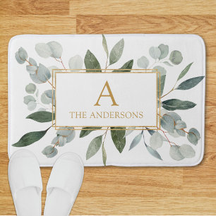 Monogram Watercolor Tropical Green Leaves Bath Mat