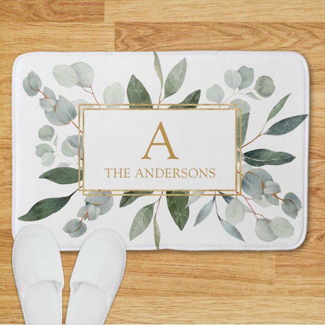 Monogram Watercolor Tropical Green Leaves Bath Mat (In situ)
