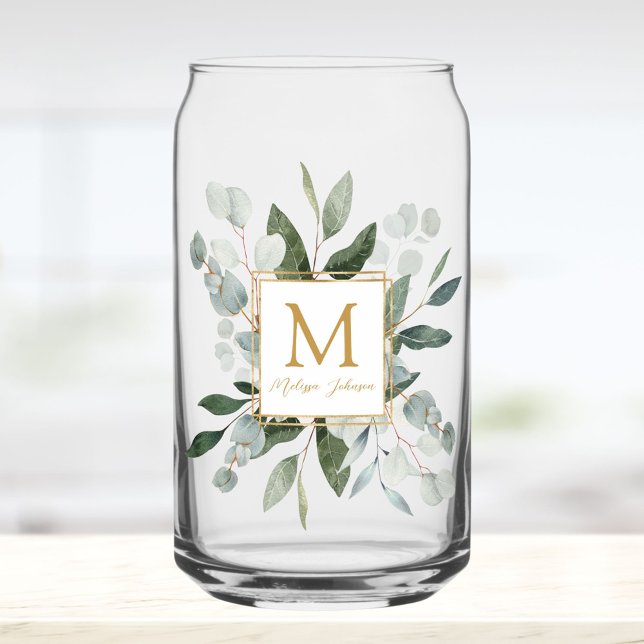 Monogram Watercolor Tropical Green Leaves Can Glass (In situ)