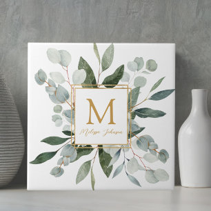 Monogram Watercolor Tropical Green Leaves Ceramic Tile