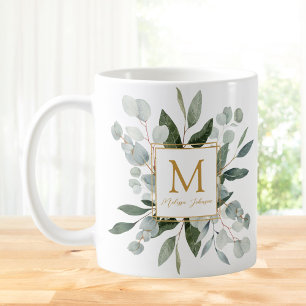 Monogram Watercolor Tropical Green Leaves Coffee Mug