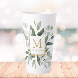 Monogram Watercolor Tropical Green Leaves Latte Mug