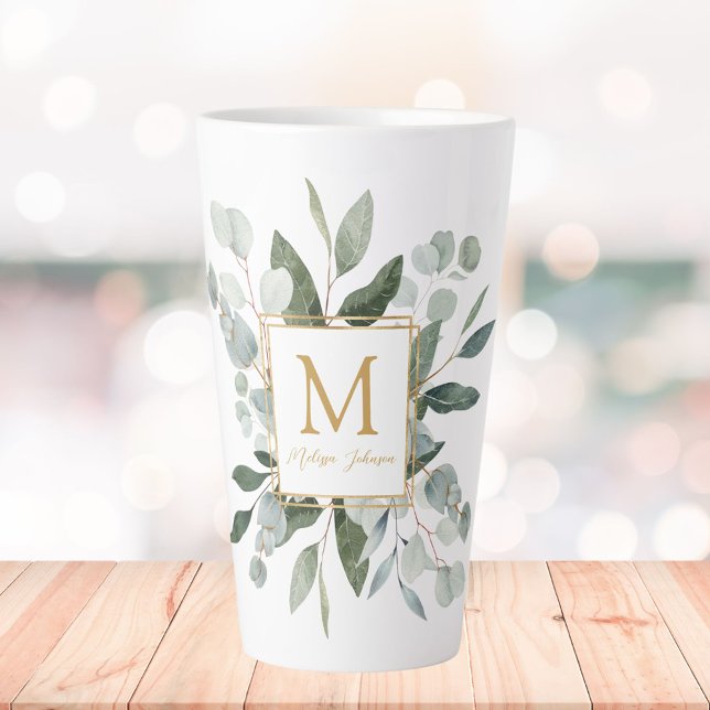 Monogram Watercolor Tropical Green Leaves Latte Mug (In situ)