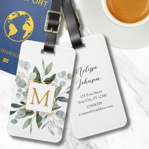 Monogram Watercolor Tropical Green Leaves Luggage Tag