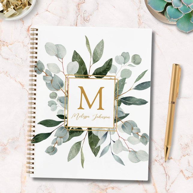 Monogram Watercolor Tropical Green Leaves  Notebook (In situ)