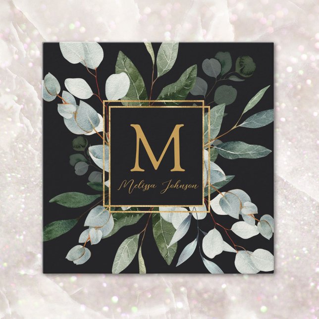 Monogram Watercolor Tropical Green Leaves Square Business Card (In situ)