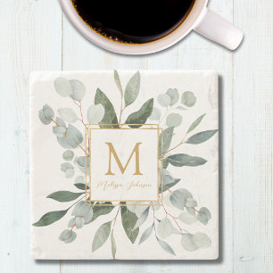 Monogram Watercolor Tropical Green Leaves Stone Coaster