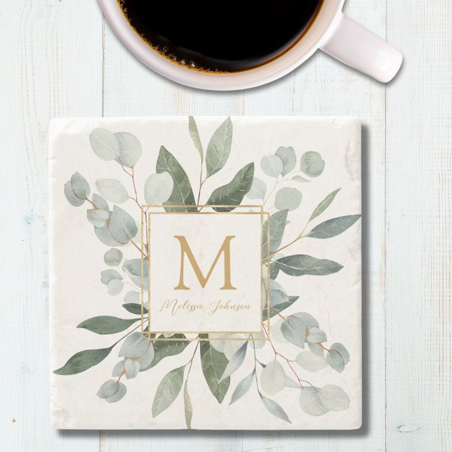 Monogram Watercolor Tropical Green Leaves Stone Coaster (In situ)