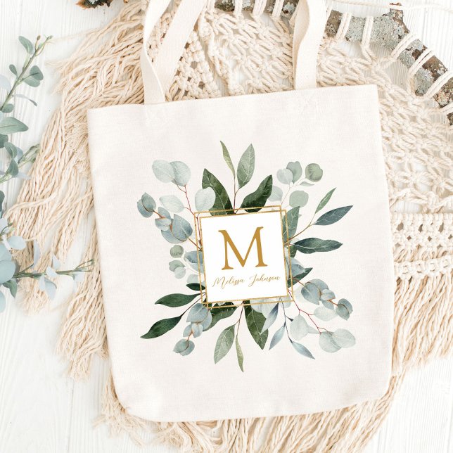 Monogram Watercolor Tropical Green Leaves Tote Bag (Close up)