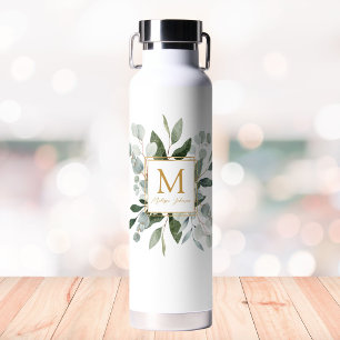 Monogram Watercolor Tropical Green Leaves Water Bottle