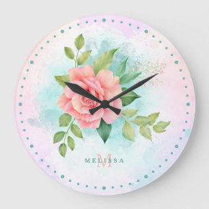 Monogram Watercolor Turquoise Ombre Pink Rose Large Clock