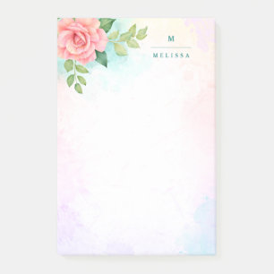 Monogram Watercolor Turquoise Ombre Pink Rose Post-it Notes