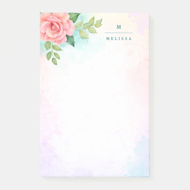 Monogram Watercolor Turquoise Ombre Pink Rose Post-it Notes (Front)