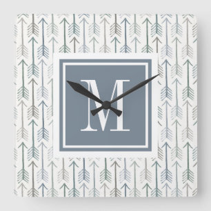 Monogram   Watercolor Wanderlust Arrow Pattern Square Wall Clock