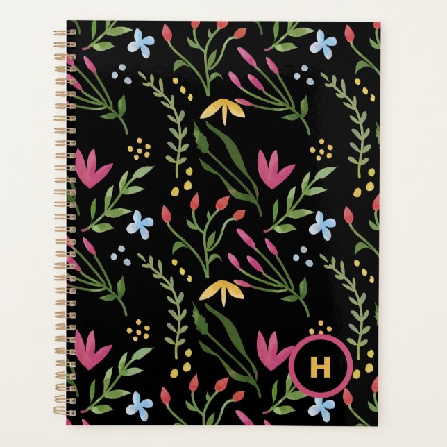 Monogram Watercolor Wildflower Black Botanical Planner (Front)